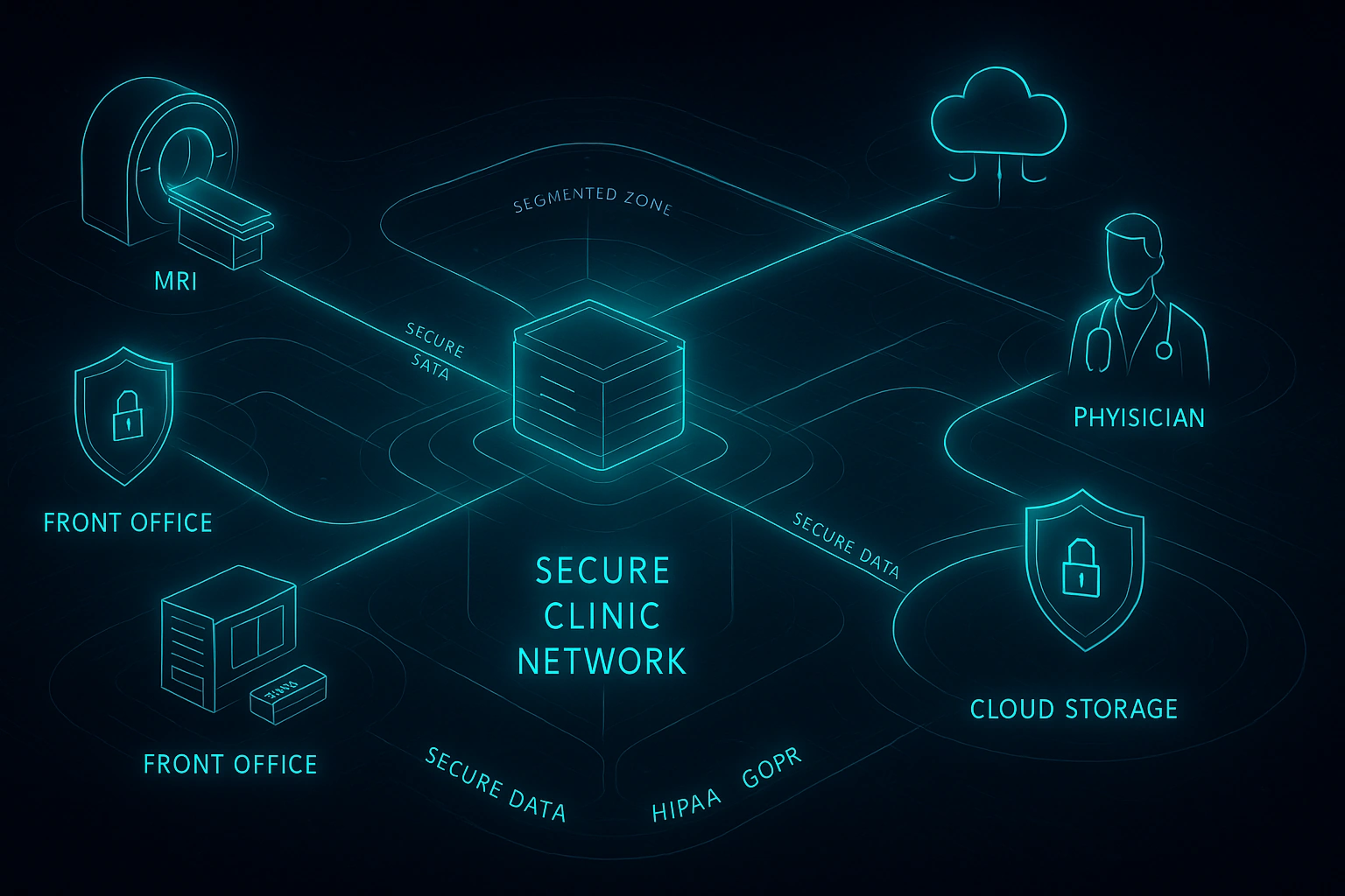 Rețea securizată pentru clinici medicale, segmentare între aparatură, front office și cloud